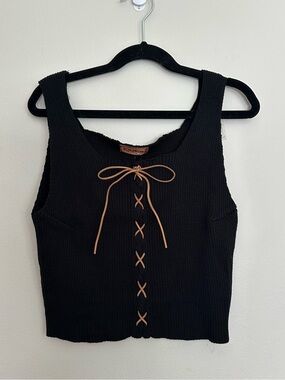POL Black Ribbed Lace Up Crop Tank Brown Suede Boho Cottagecore Top Size M